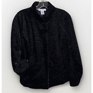 VTG Liz Claiborne Black Faux Persian Lamb Cropped Jacket SzS Textured Coat Chic